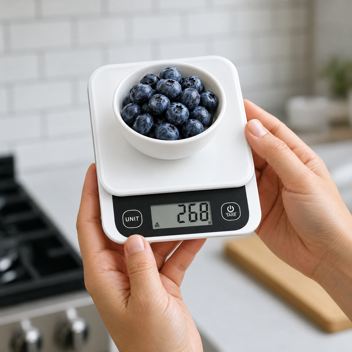 Hands holding the smart kitchen scale with blueberries