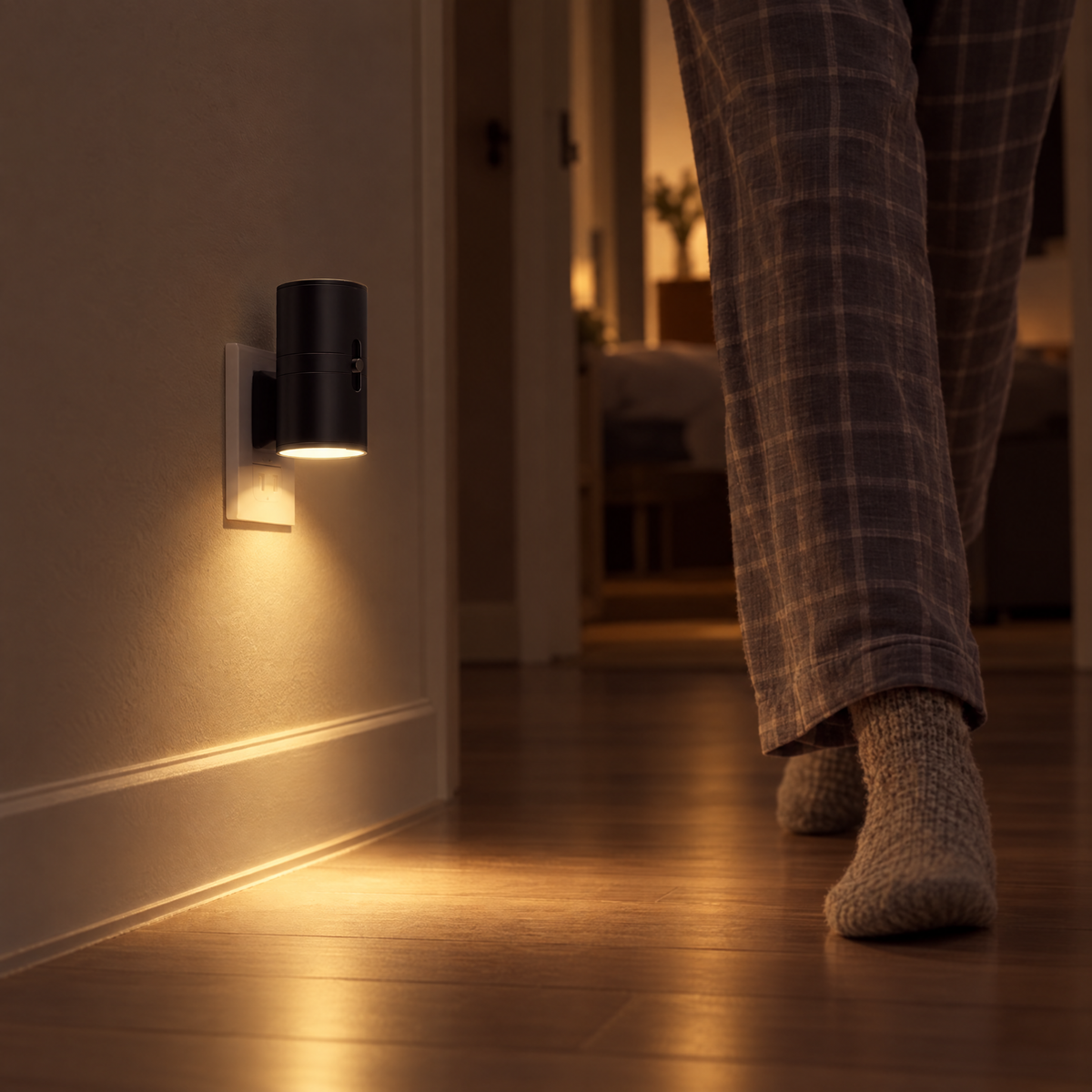 Plug-in mood light glowing softly in a hallway at night