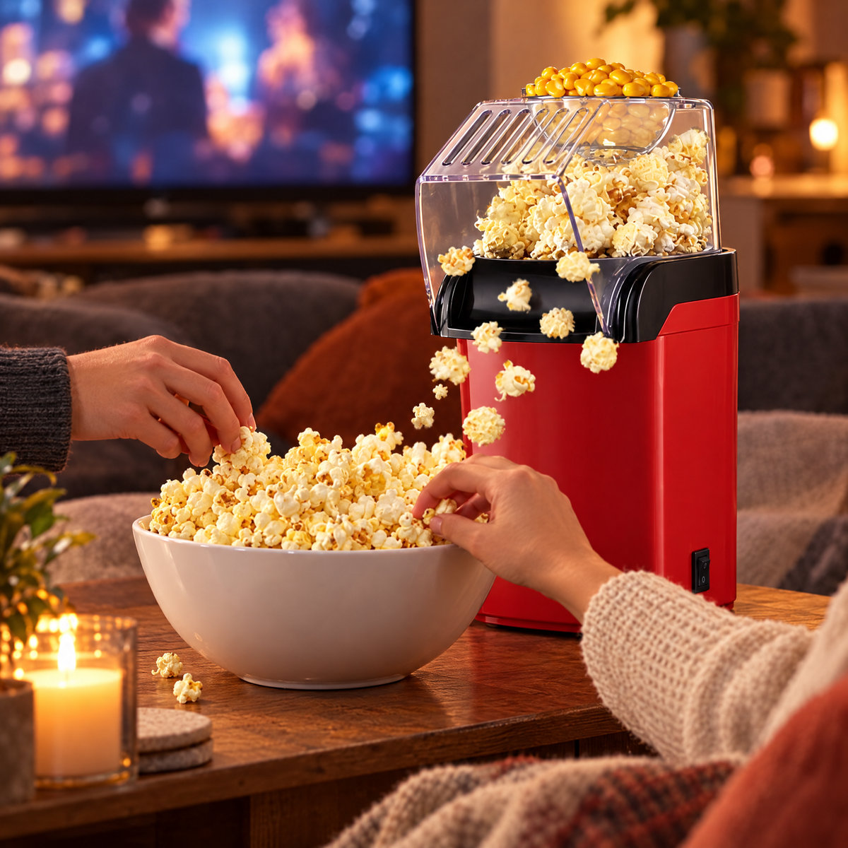 Hot air popcorn maker on a movie night