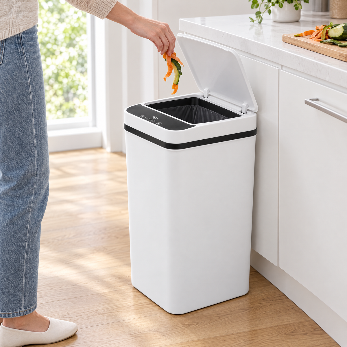 Touchless sensor trash can opening automatically in a kitchen