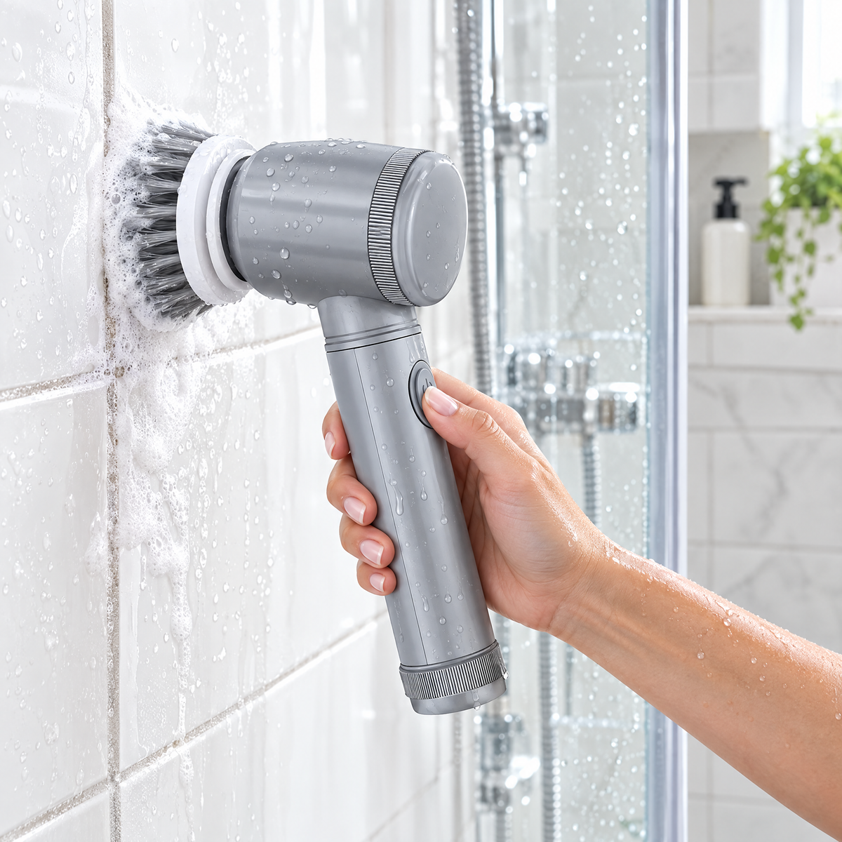 Electric spin scrubber cleaning bathroom tile grout