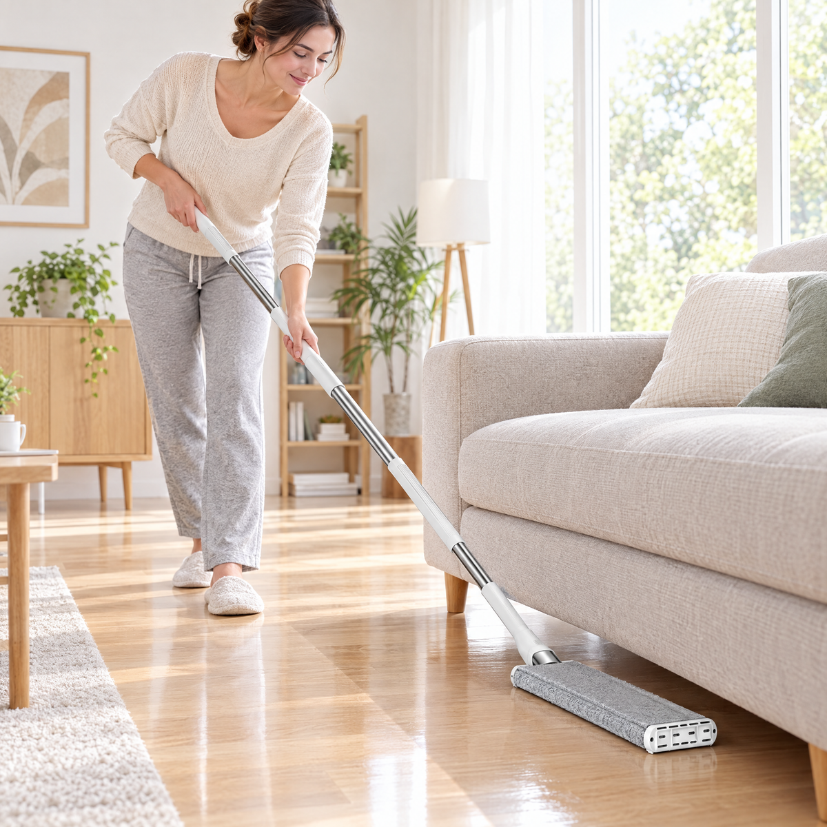 Flat mop cleaning a wooden floor under the sofa