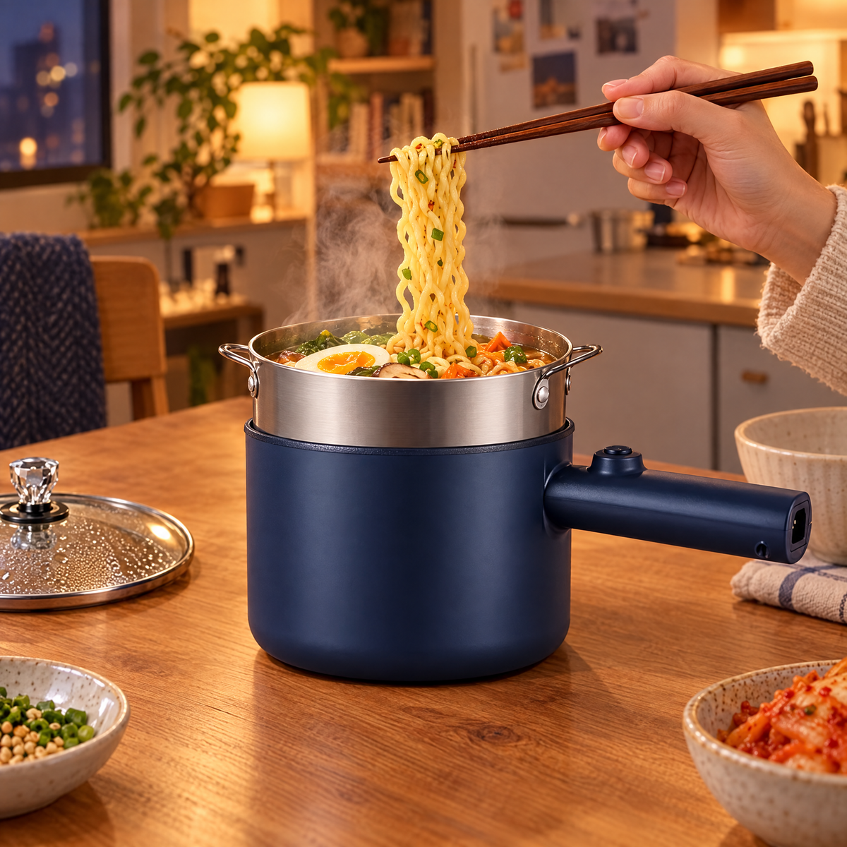 Mini electric cooking pot with ramen noodles