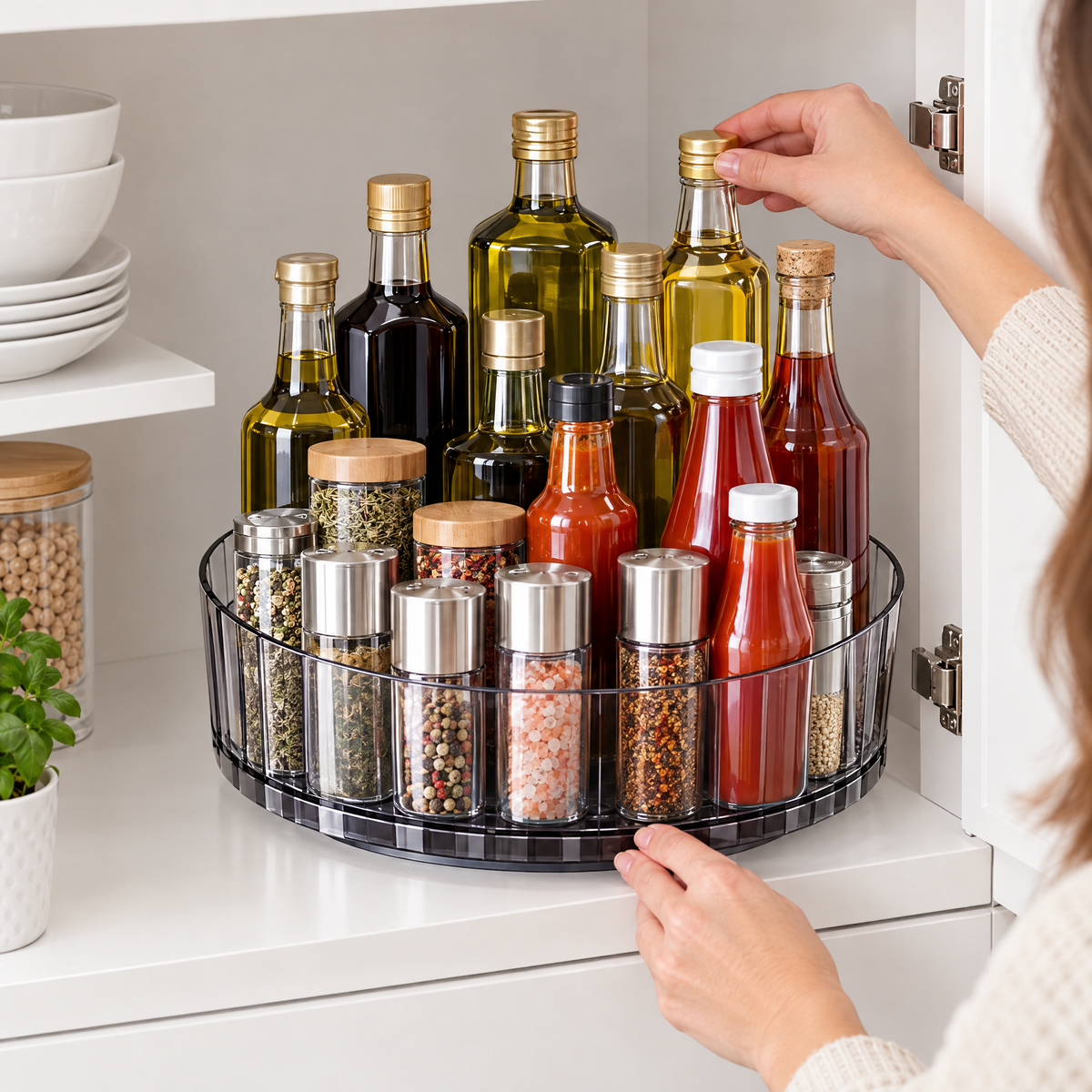360 degree spice organizer inside a kitchen cabinet