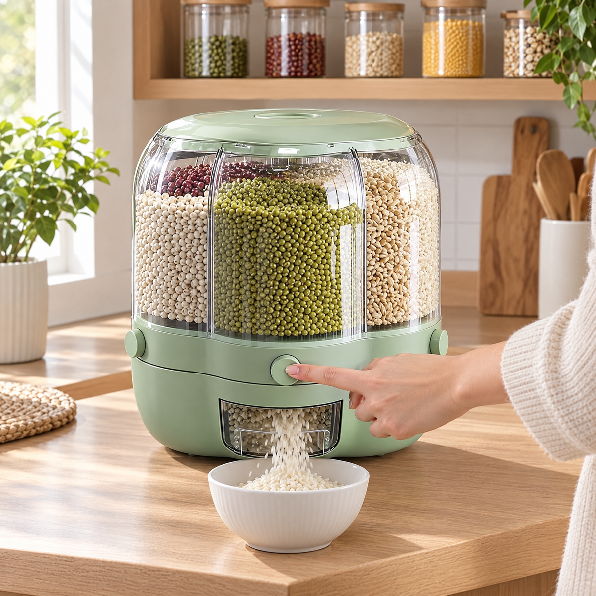 Rotating food dispenser portioning rice into a bowl