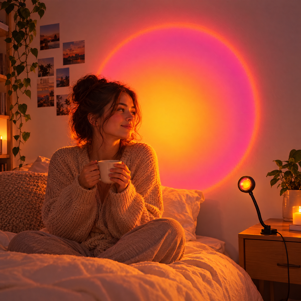 Sunset projector lamp glowing in a cozy bedroom
