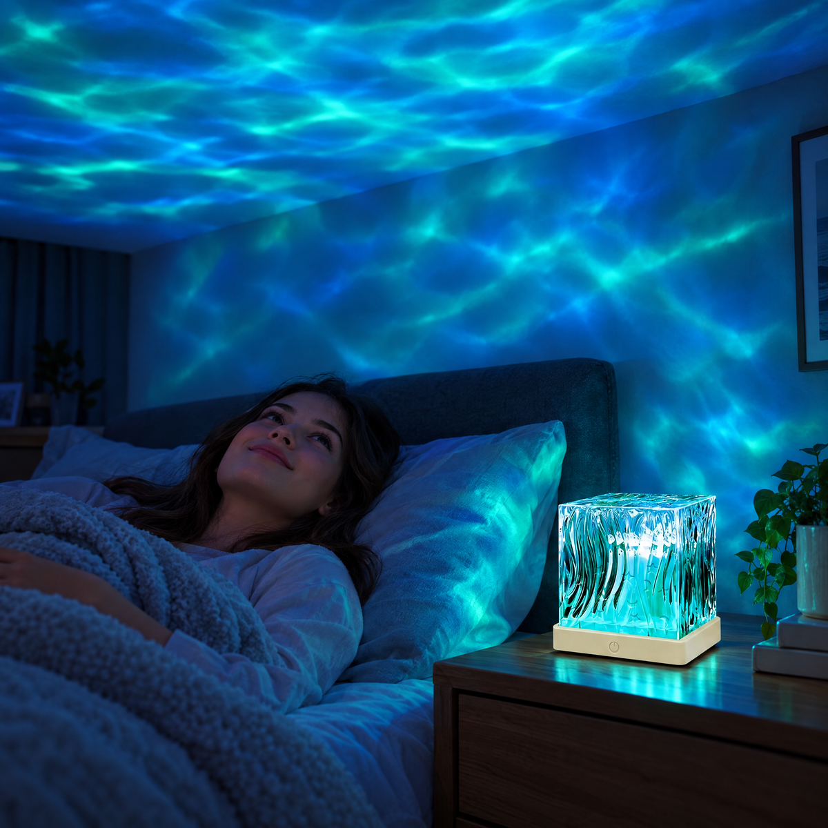 Ocean wave projector lamp filling a bedroom with calm water light