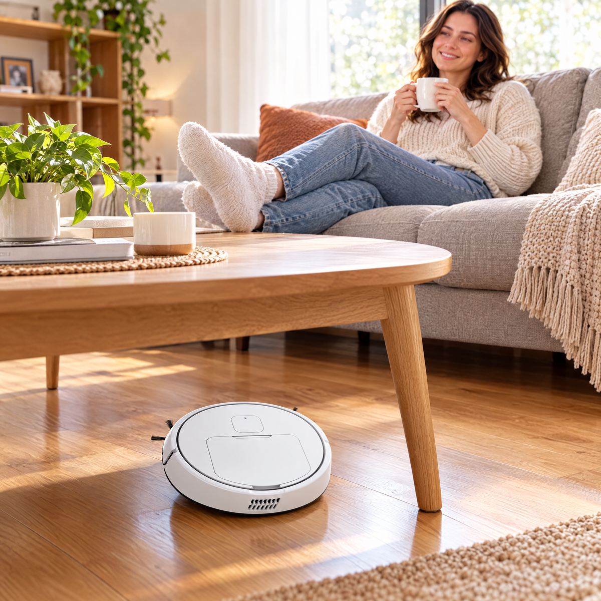 Mini robot vacuum cleaning under a coffee table