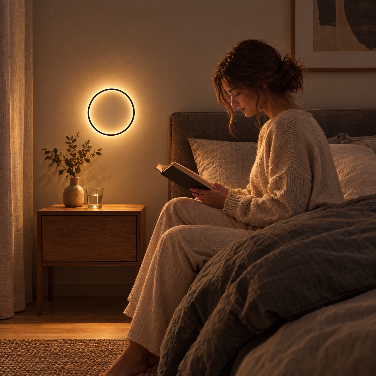 30 cm LED ring wall light glowing above a bedside table