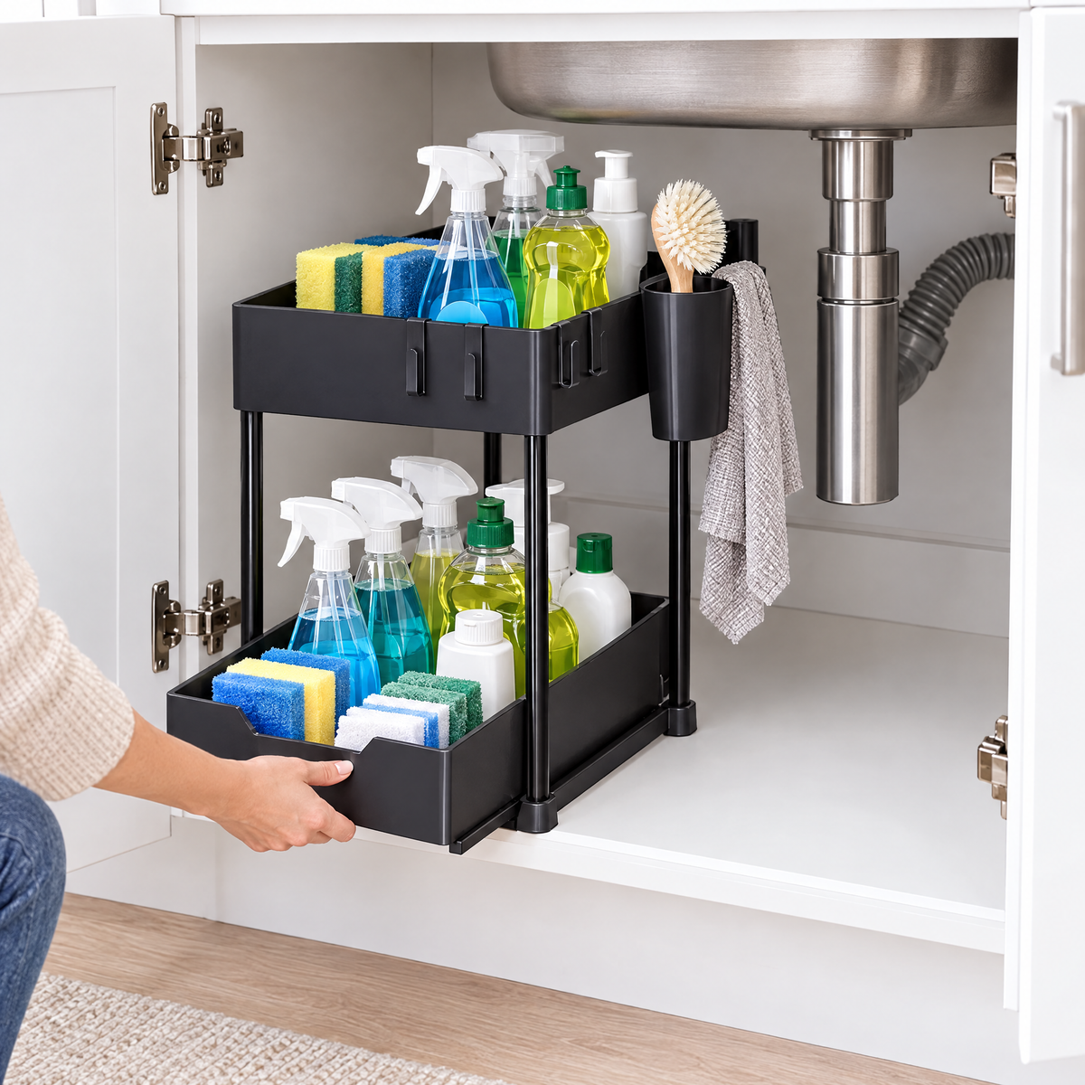 Two-tier sliding rack organizing an under-sink cabinet