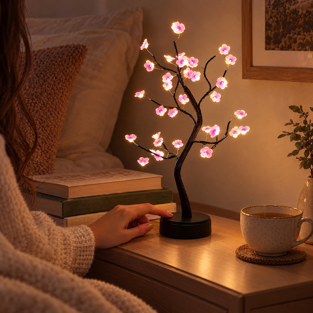 Cherry blossom LED bonsai lamp glowing on a nightstand