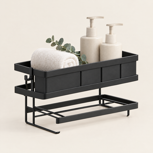 Black over-the-toilet storage shelf