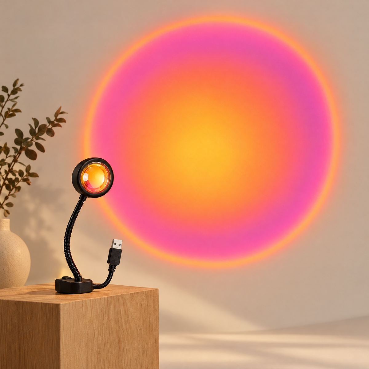 Sunset projector lamp casting a sunset glow
