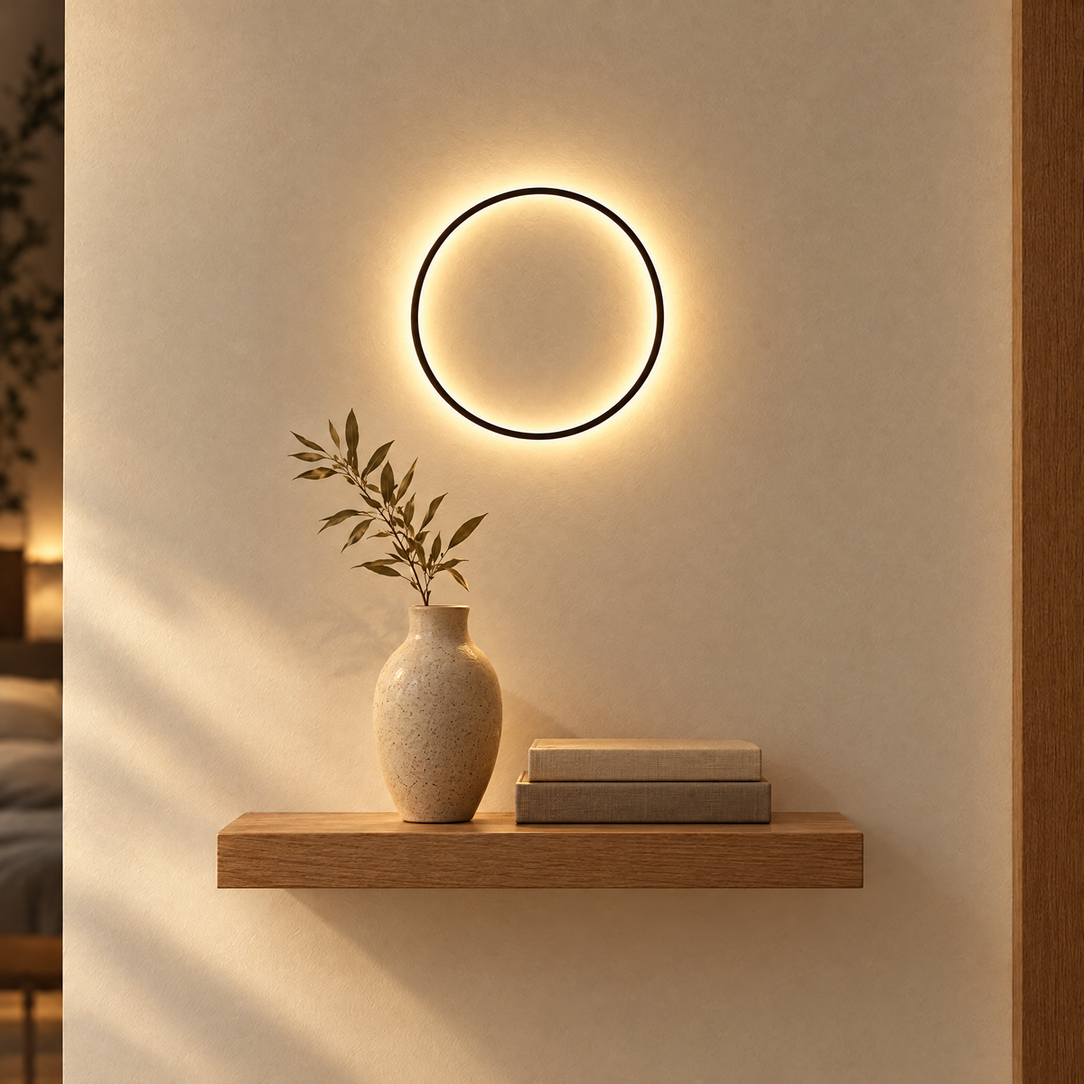 30 cm black LED ring wall light above a floating oak shelf