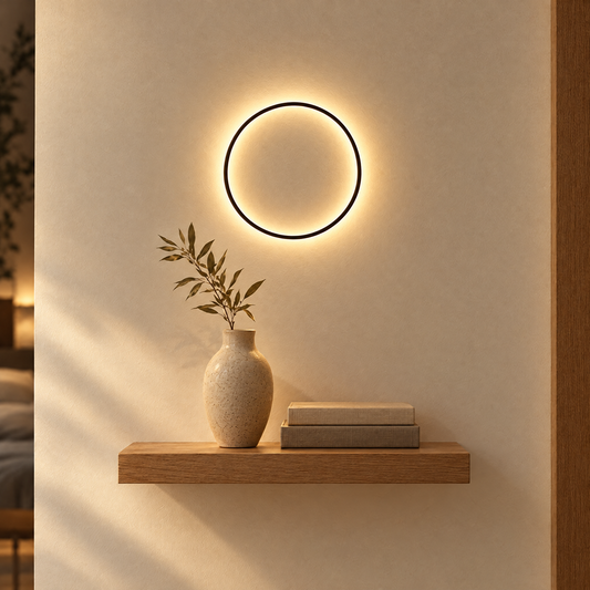 30 cm black LED ring wall light above a floating oak shelf