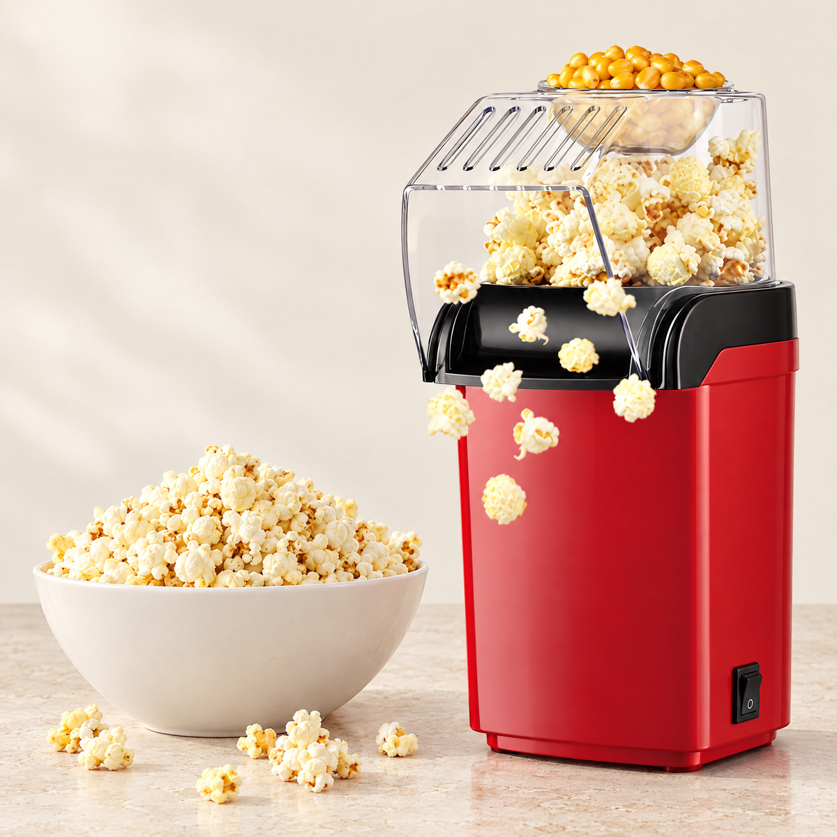 Red hot air popcorn maker with bowl of popcorn
