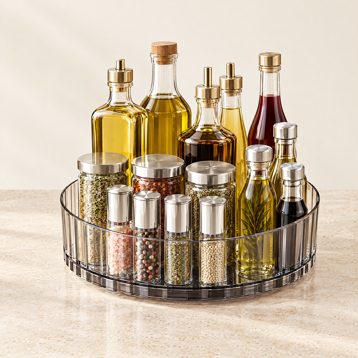 Clear 360 degree spice turntable with bottles