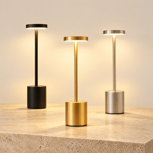 TouchGlow cordless lamps in black, gold and silver