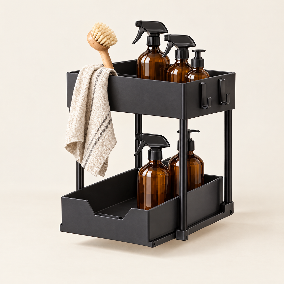 Black two-tier sliding cabinet rack
