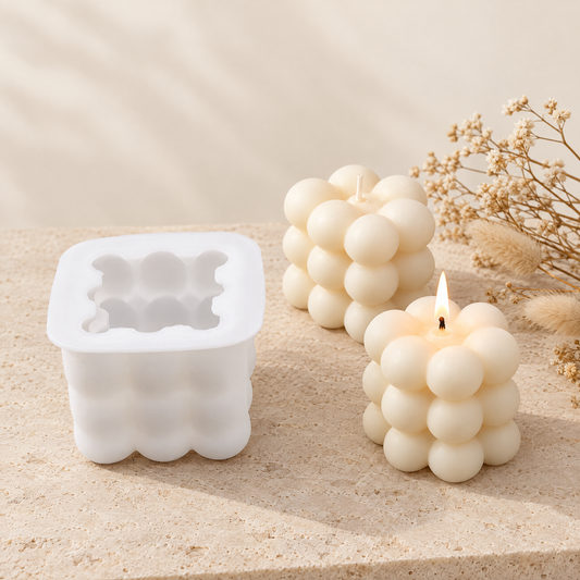 Bubble cube candle mold with finished candles