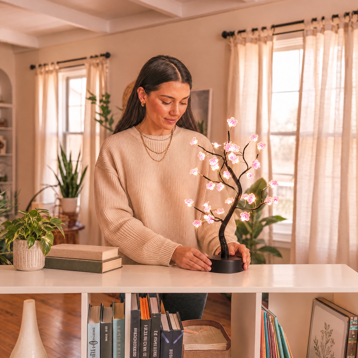 Woman placing the cherry blossom LED bonsai lamp on a living room shelf