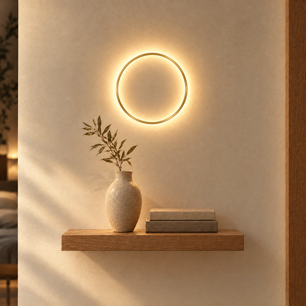 30 cm gold LED ring wall light above a floating oak shelf