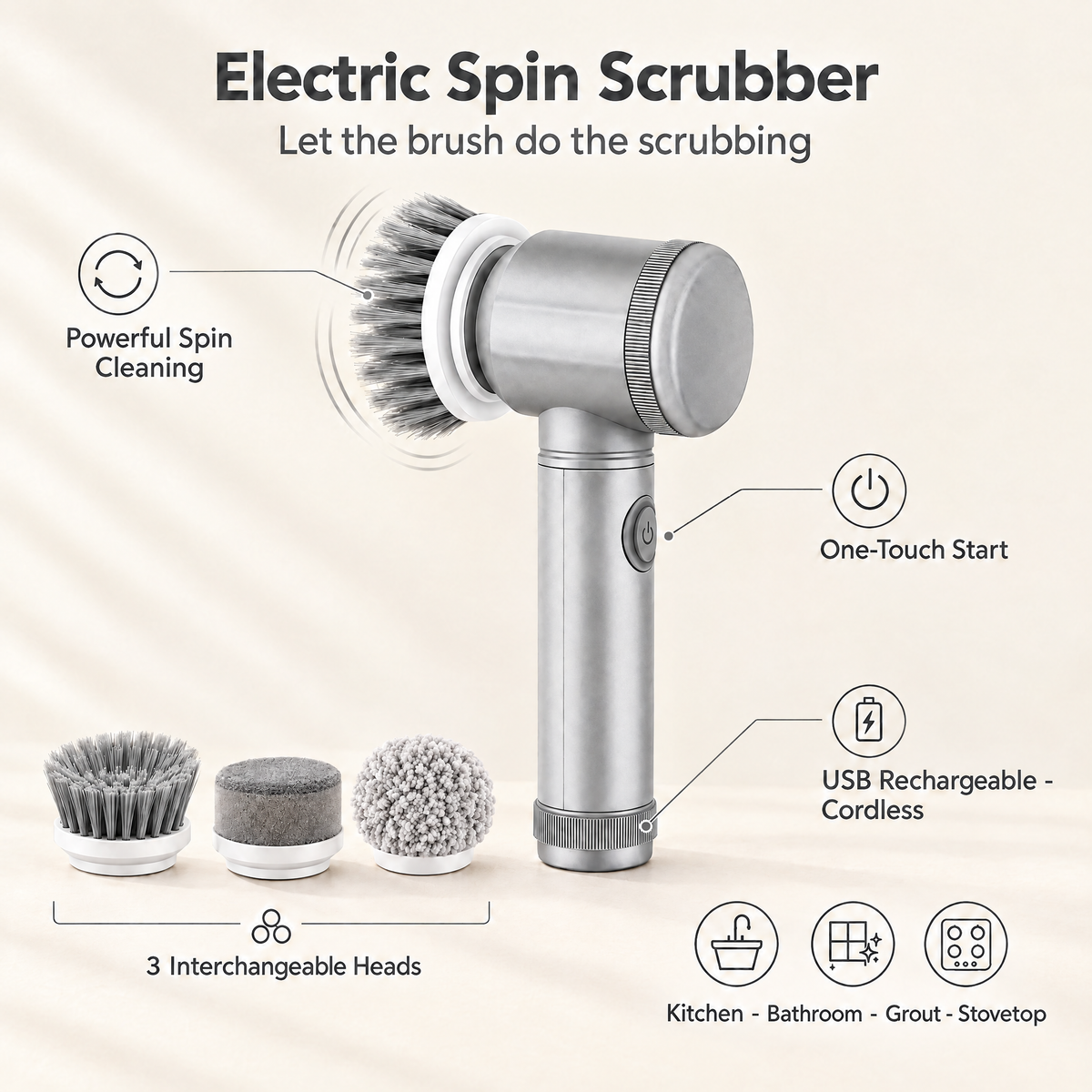 Electric Spin Scrubber features: one-touch start, powerful spin cleaning, USB rechargeable cordless, 3 interchangeable heads