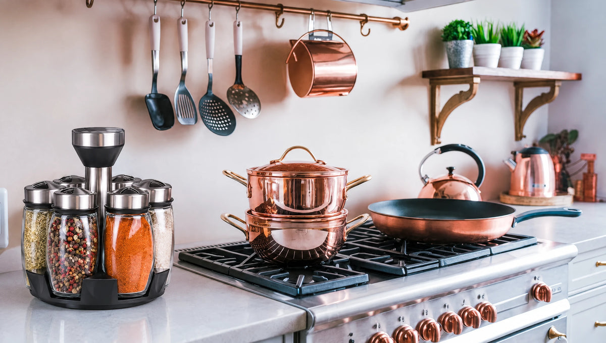 Bright kitchen with a rotating glass spice rack and copper cookware